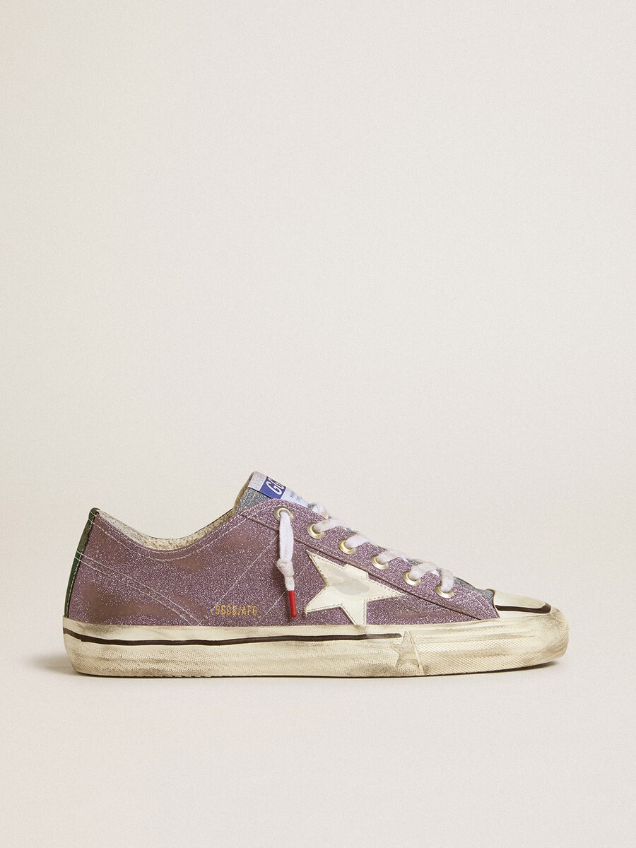 herren-sneaker v-star lab aus lilafarbenem leder mit glitzer weißem stern und silberner glitzerzunge