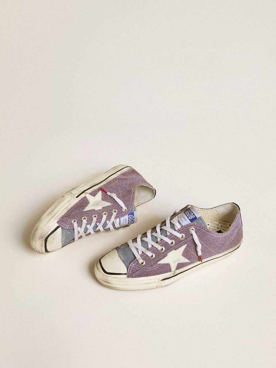 herren-sneaker v-star lab aus lilafarbenem leder mit glitzer weißem stern und silberner glitzerzunge