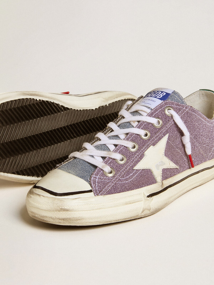 herren-sneaker v-star lab aus lilafarbenem leder mit glitzer weißem stern und silberner glitzerzunge