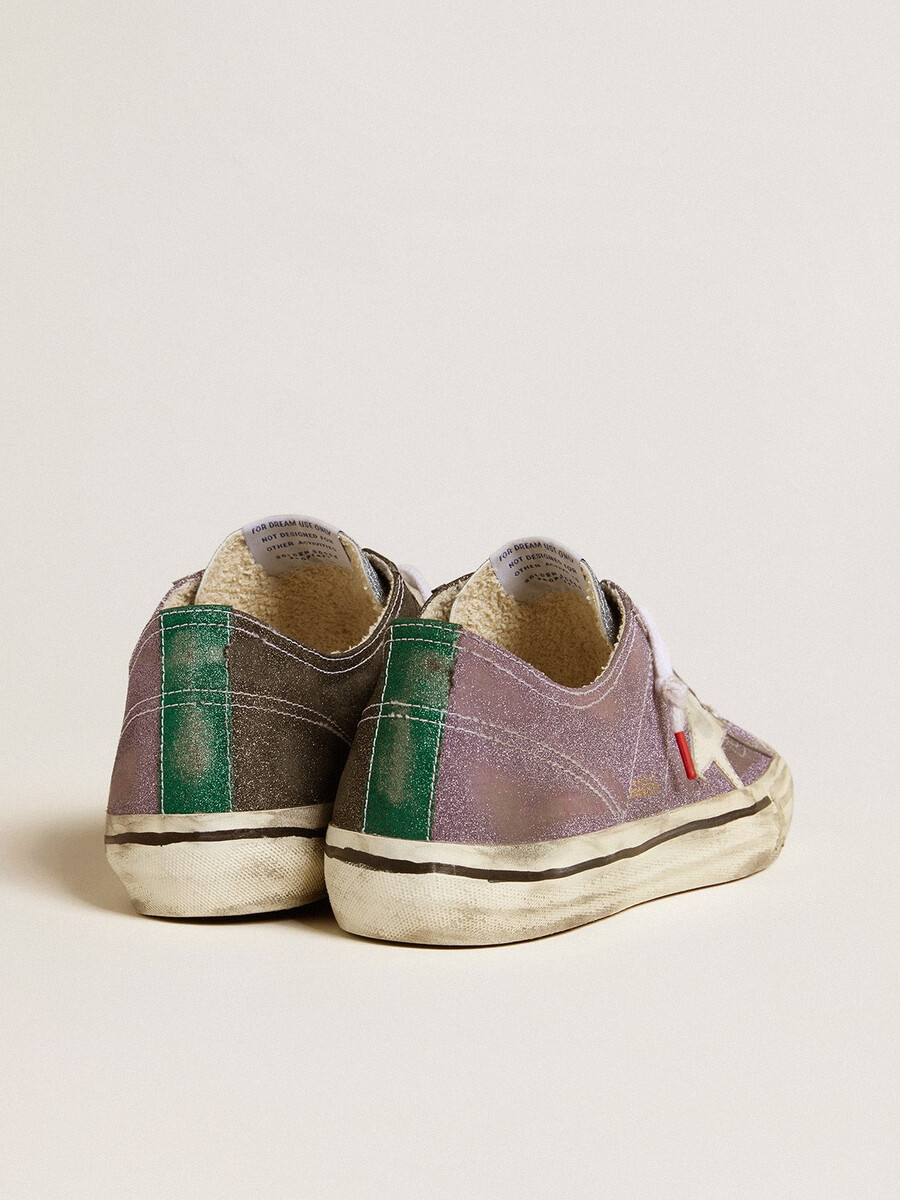 herren-sneaker v-star lab aus lilafarbenem leder mit glitzer weißem stern und silberner glitzerzunge