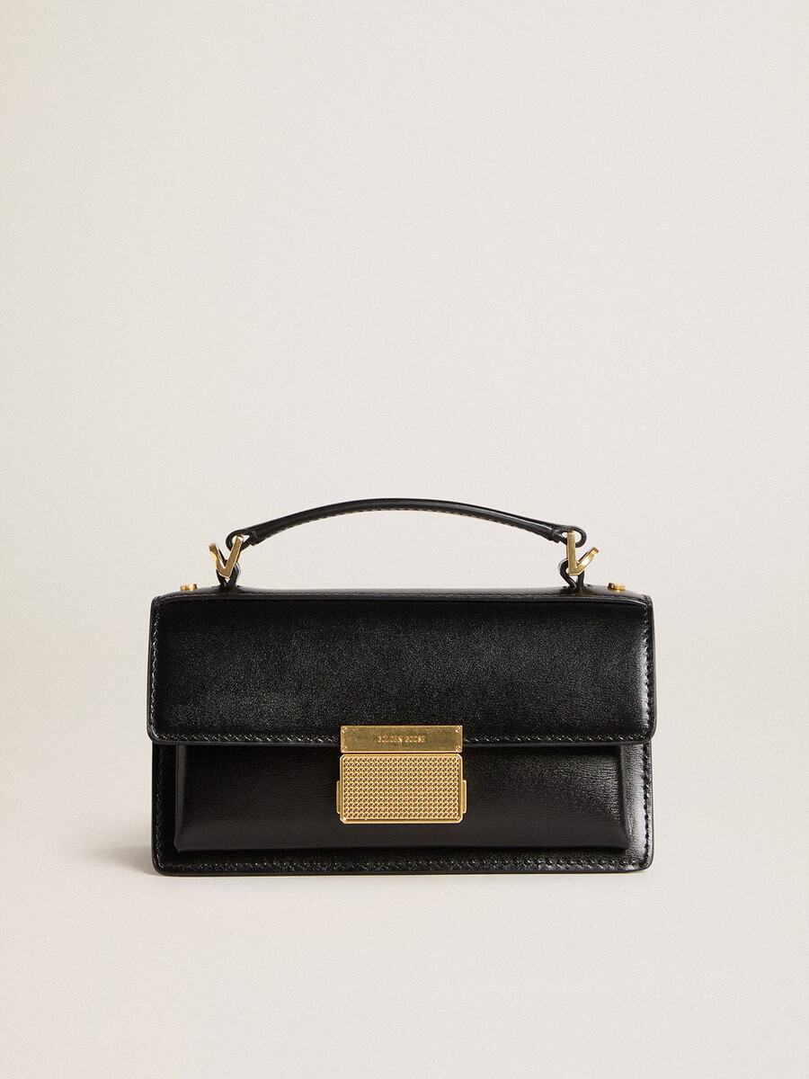 kleine venezia-tasche aus schwarzem leder mit goldenen details