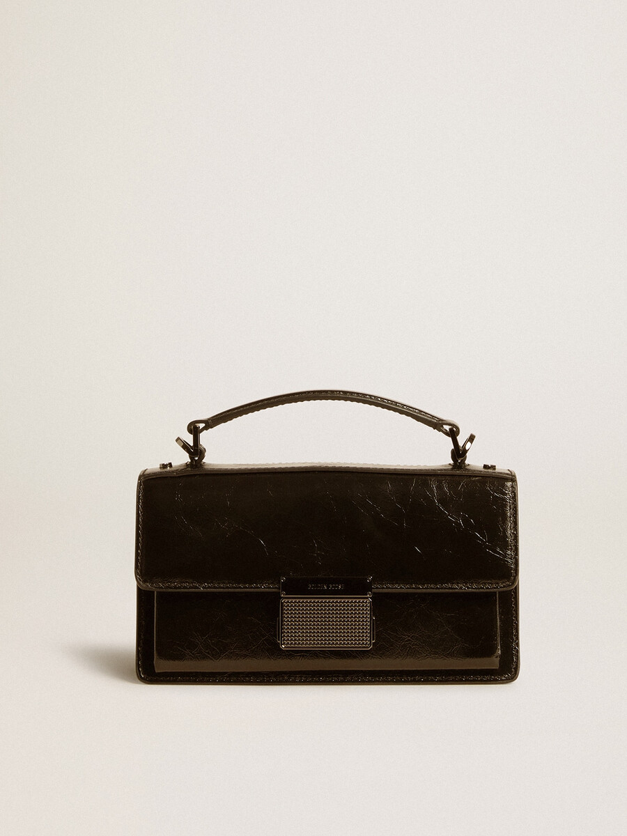 kleine venezia-tasche aus schwarzem metallic-leder mit schwarzen details