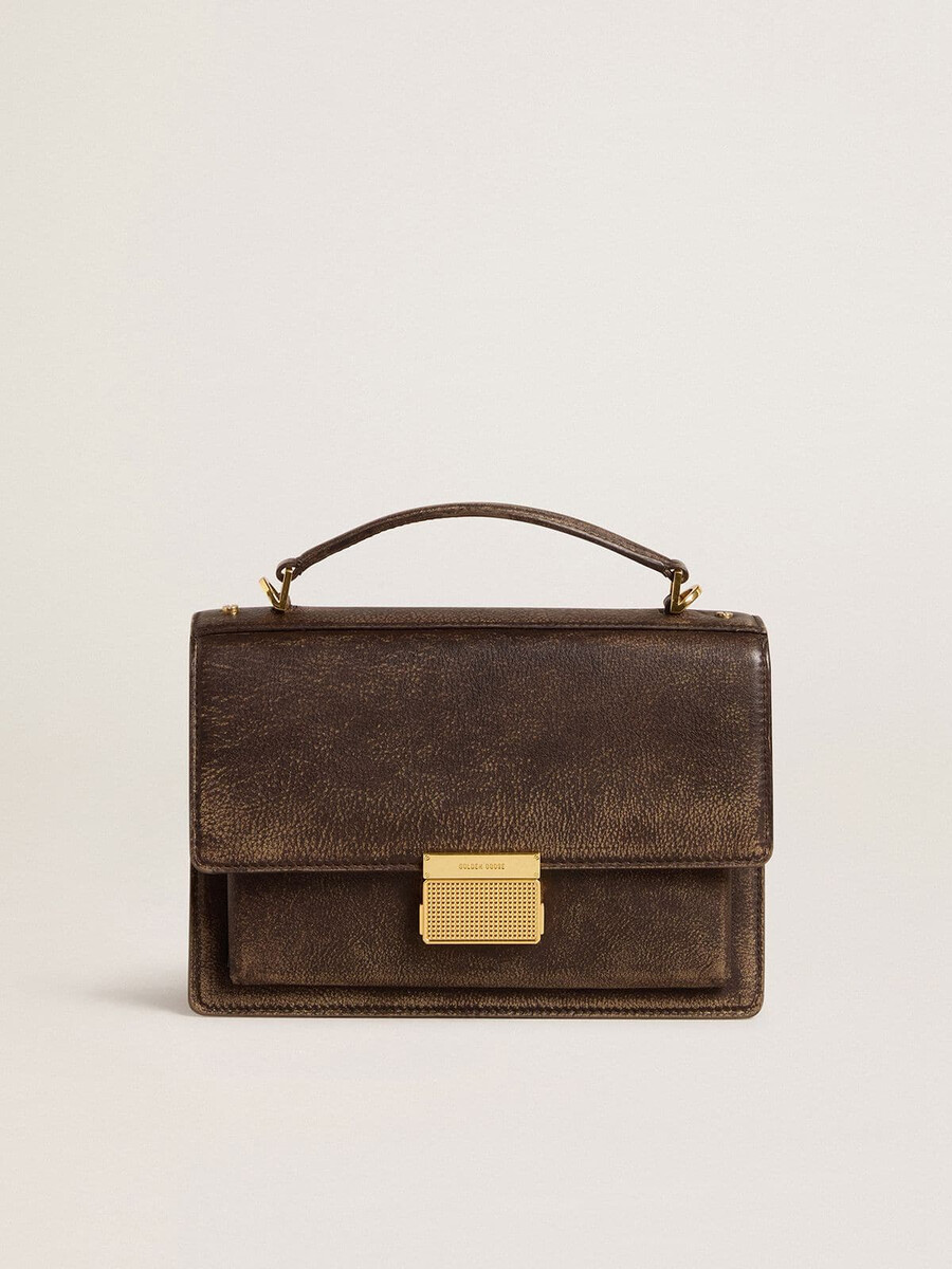 venezia-tasche aus vintage-dunkelbraunem geprägtem leder mit goldenen details