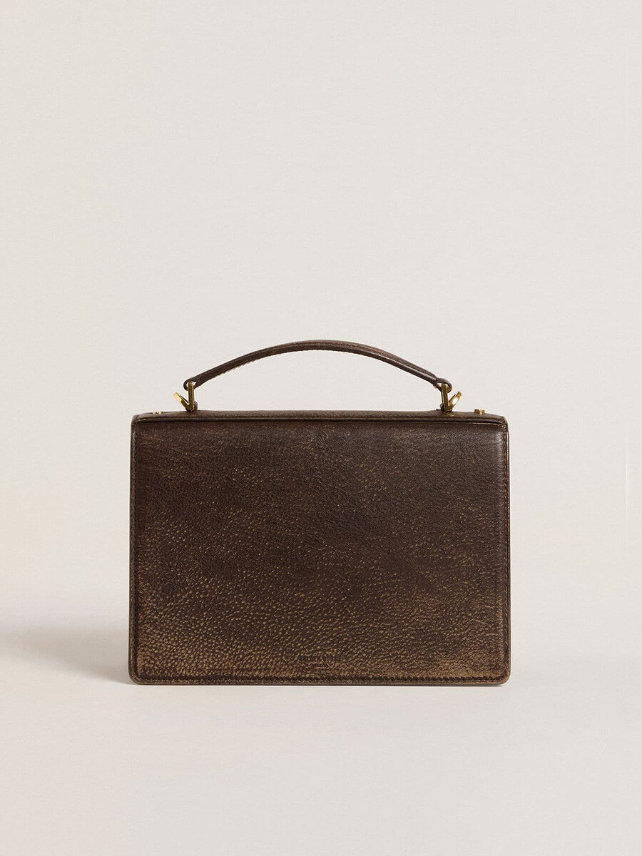 venezia-tasche aus vintage-dunkelbraunem geprägtem leder mit goldenen details